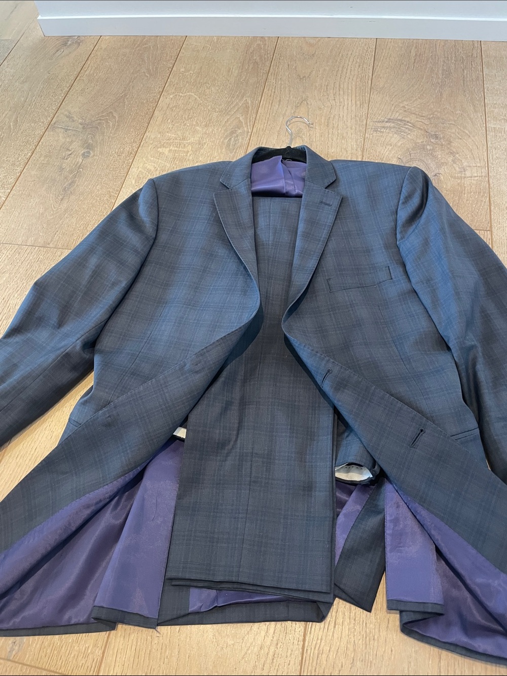 Saks Fifth Avenue Men's Navy Plaid Suit Jacket with Purple Lining